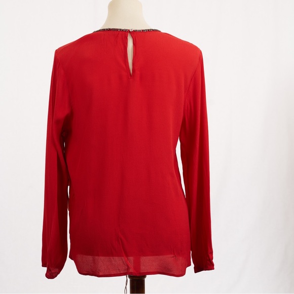Gibson Latimer Women’s Long Sleeve Blouse Top Beaded Neckline Elastic Sleeve Red - Picture 4 of 6